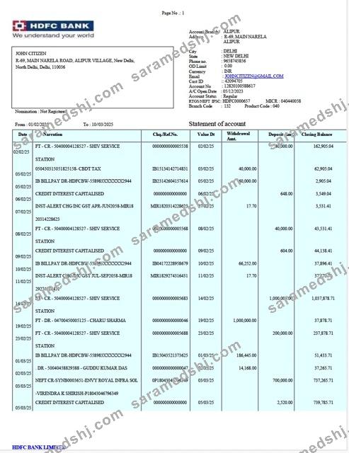 India HDFC Bank statement Word and PDF template